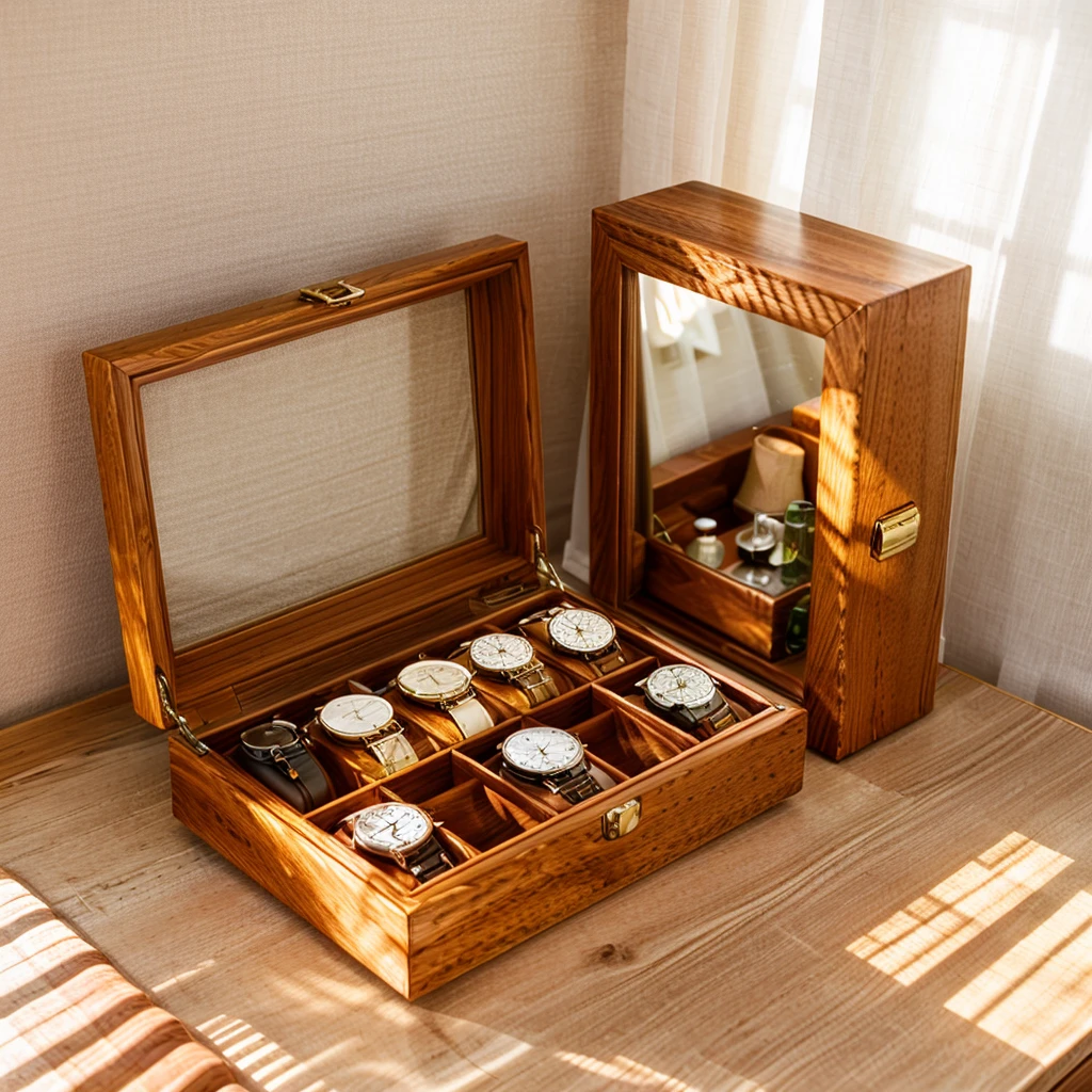 In this cozy room,A ray of sunlight shone through the half-drawn curtains on the table,Let the wood grain on the watch storage box shine with a faint luster。There was a calm and peaceful atmosphere in the air around them。There are several still lifes hanging on the walls of the room,It adds a touch of elegance to the space。And on the other side of the room,The half-open window lets in the breeze,The pages on the small desk by the window turned in the wind,This quiet scene gives a sense of tranquility and comfort。