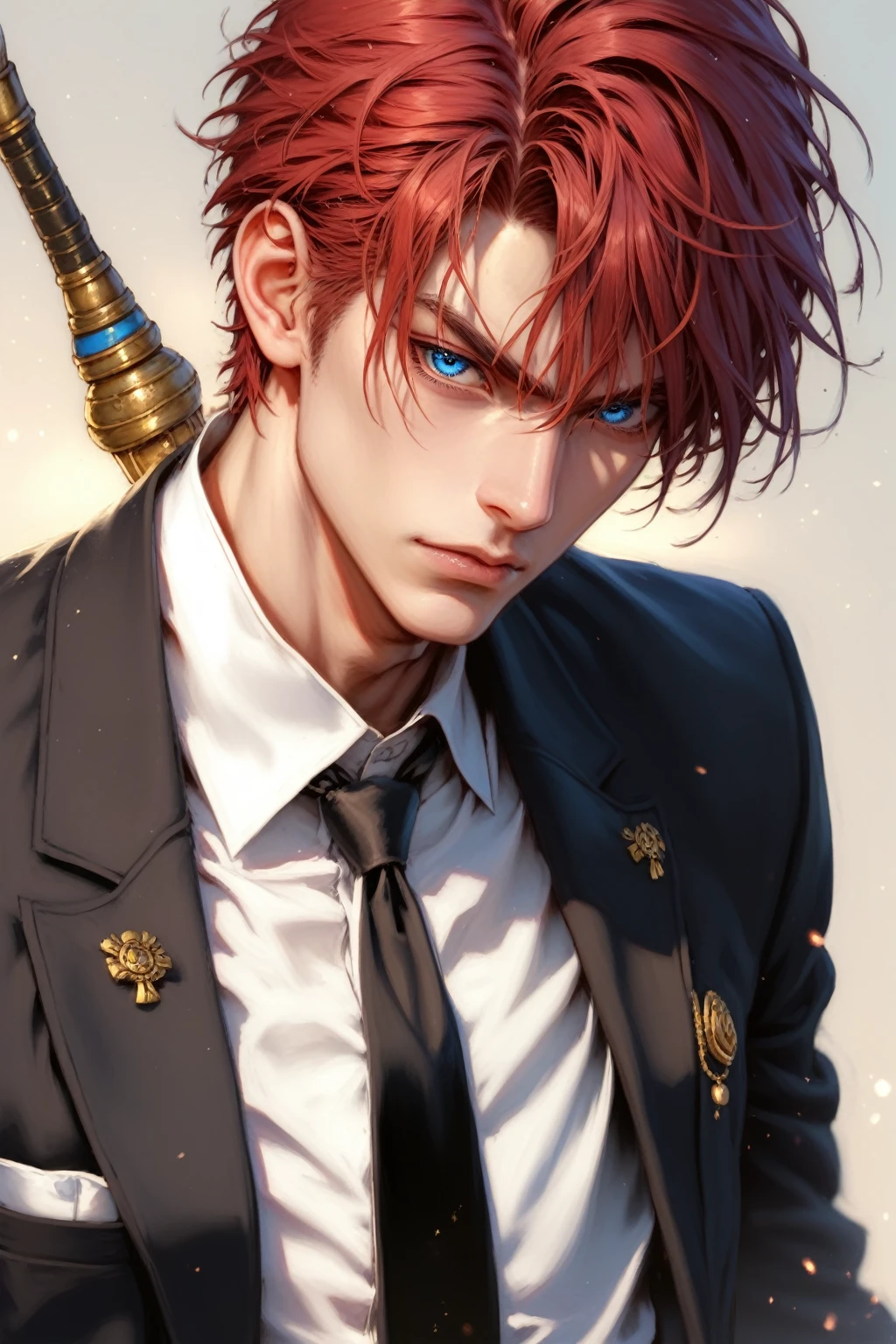 ((RED HAIR))absurdres, highres, ultra detailed, HDR, master piece, best quality, extremely detailed face and eyes, perfect face, realistic face, beautiful eyes, Noctis Lucis Caelum, Red hair, expressive blue eyes, Final Fantasy xv, black jacket, black shirt, patterns, solo, man, handsome, smoking a cigarette, smoke, BACKGROUD chain.