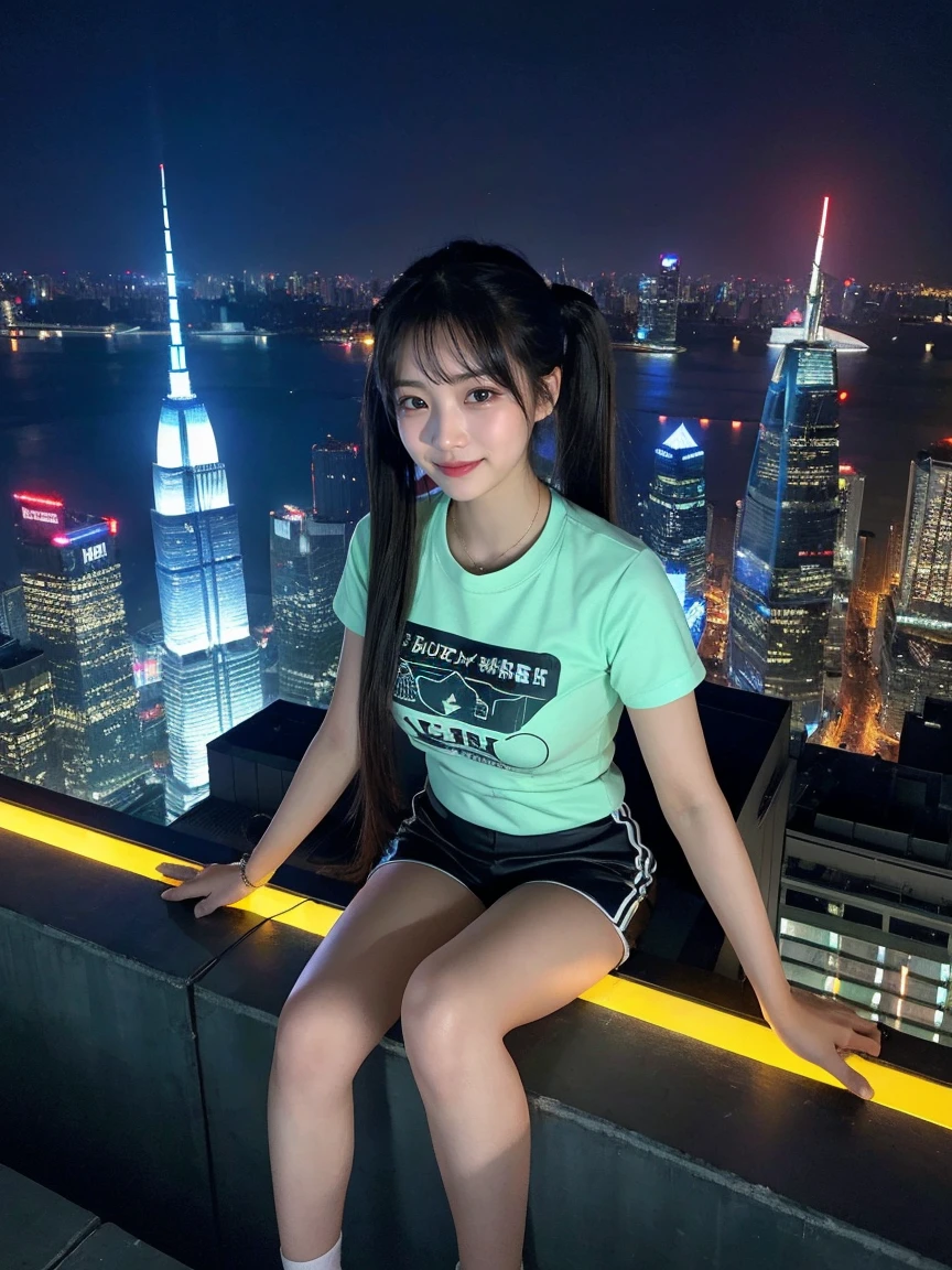 Full body photo、whole、最high quality, masterpiece, 32K、Very detailed、Realistic、1 girl, Japanese women、Cute Face, (photo Actual:1.3), Edge lighting, (Skin with attention to detail:1.2), 8k超High resolution, Single-lens reflex camera, high quality, High resolution, 4K, 8k, Optimal ratio of four fingers to one thumb, (Actual:1.3), smile、自然なsmile、Slim T-shirt、Jersey fabric shorts、Cute twin tails、cute1 girl, Realistic、Super Realistic、32K、Very detailed、masterpiece, 最high quality, beautiful girl, beauty、 Mecha, Beautiful lighting, Sitting,Cyber Neon、Future City、Skyscraper、City Night、Shanghai、Metropolis、Night view、綺麗なNight view