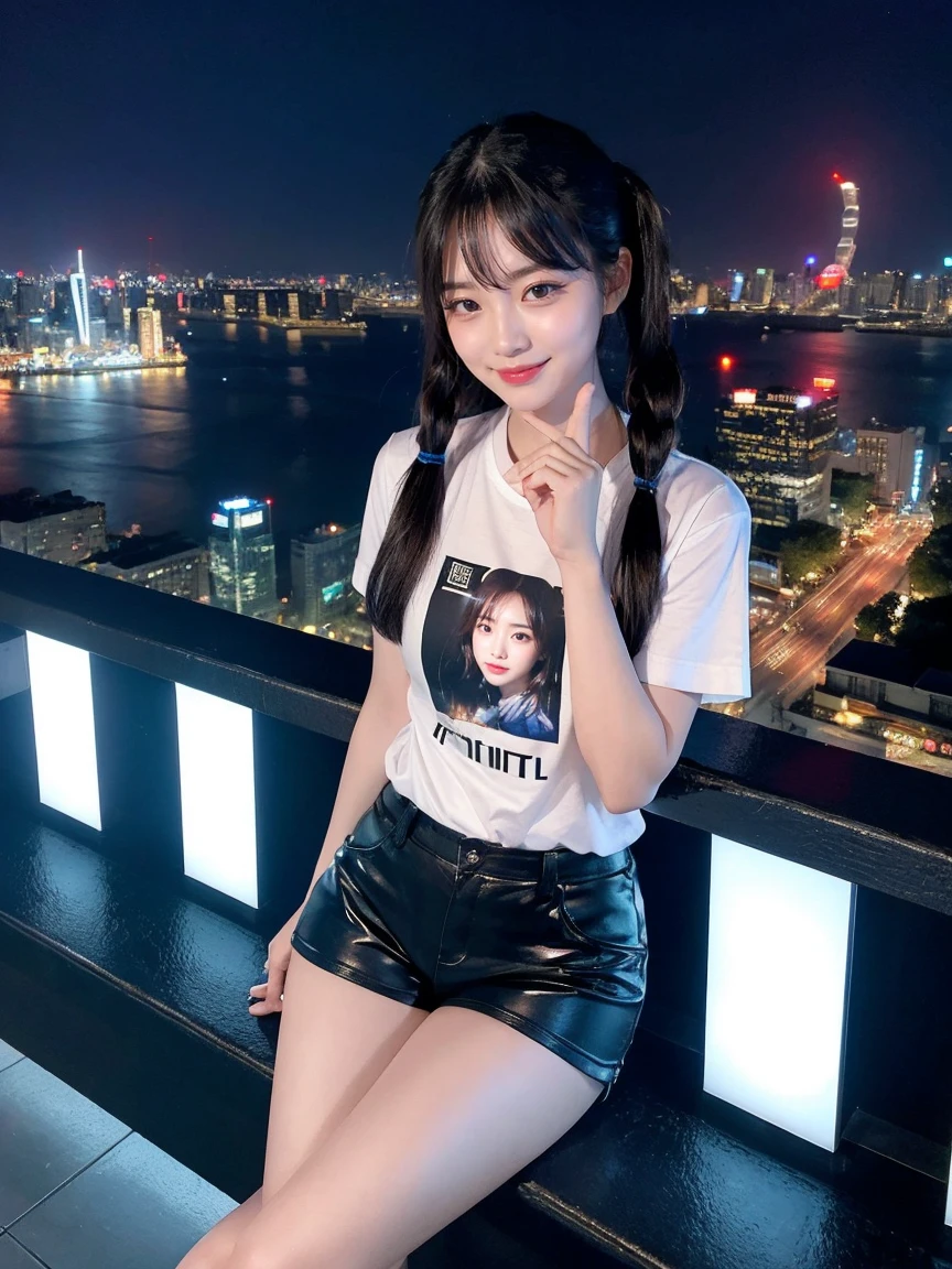 Full body photo、whole、最high quality, masterpiece, 32K、Very detailed、Realistic、1 girl, Japanese women、Cute Face, (photo Actual:1.3), Edge lighting, (Skin with attention to detail:1.2), 8k超High resolution, Single-lens reflex camera, high quality, High resolution, 4K, 8k, Optimal ratio of four fingers to one thumb, (Actual:1.3), smile、自然なsmile、Slim T-shirt、Jersey fabric shorts、Cute twin tails、cute1 girl, Realistic、Super Realistic、32K、Very detailed、masterpiece, 最high quality, beautiful girl, beauty、 Mecha, Beautiful lighting, Sitting,Cyber Neon、Future City、Skyscraper、City Night、Shanghai、Metropolis、Night view、綺麗なNight view