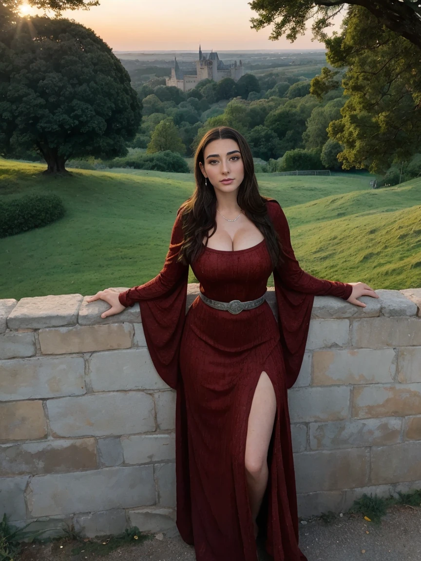Gorgeous and sultry busty athletic (thin) brunette queen with sharp facial features wearing a modest updo, dark red medieval dress, long sleeves, intricate patterns, scrollwork, wide neck, crown, veil, long dress, modest dress, tight bodice, silver belt, (waist chain), medieval jewelry, Middle Ages, castle, rampart, wall, exterior, on top of a castle wall, trees, countryside, evening, sunset.