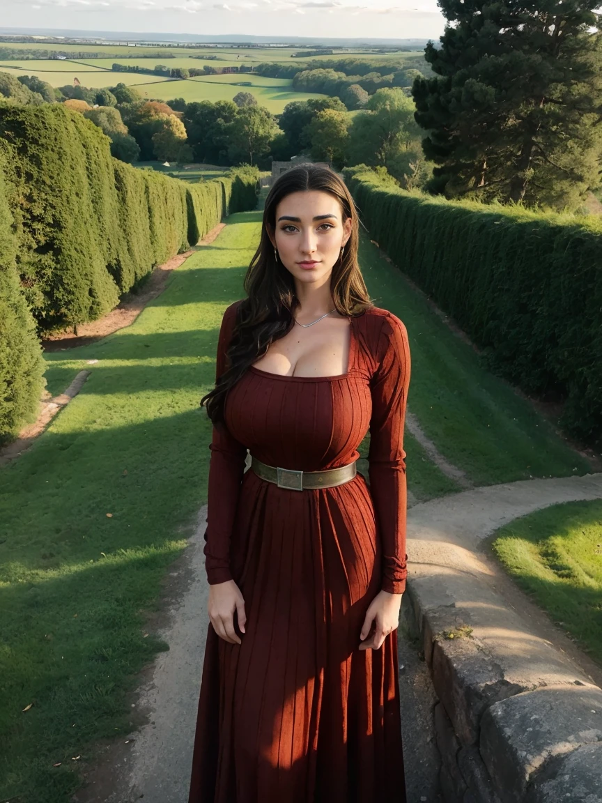 Gorgeous and sultry busty athletic (thin) brunette queen with sharp facial features wearing a modest updo, dark red medieval dress, long sleeves, intricate patterns, scrollwork, wide neck, crown, veil, long dress, modest dress, tight bodice, silver belt, (waist chain), medieval jewelry, Middle Ages, castle, rampart, wall, exterior, on top of a castle wall, trees, countryside, evening, sunset.