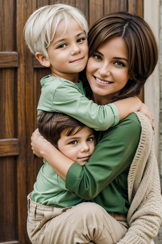 I want you to make a picture of a mother hugging her son who has white hair and a green shirt and brown pants., The mother has brown hair and has old clothes..