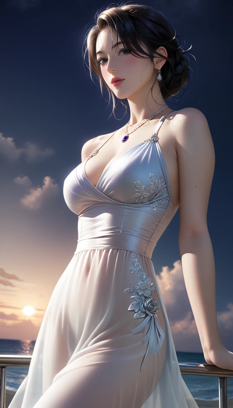 score_9, score_8_superior, score_7_superior, Masterpieces with up to 16K resolution,Highest quality,it is really amazing,Very detailed,Ultra-high resolution,Real,Realistic,Increased depth of field,Cinematic lighting,
sexy japanese milf,
Long black hair,(Ultra-detailed and beautiful faces:1.4),Translucent white skin,Very detailedな肌の質感,Slender body,Anatomically correct body,
(Elegant resort dresses:1.2),
Artistic design,Beautiful and detailed pattern,Detailed fabric texture,
Gorgeous necklace,Earrings,
(Dark night sky:1.2),
(Dark clouds in the sky:1.2),delay々Continuing sandy beach,
(Dramatic Angle:1.3),