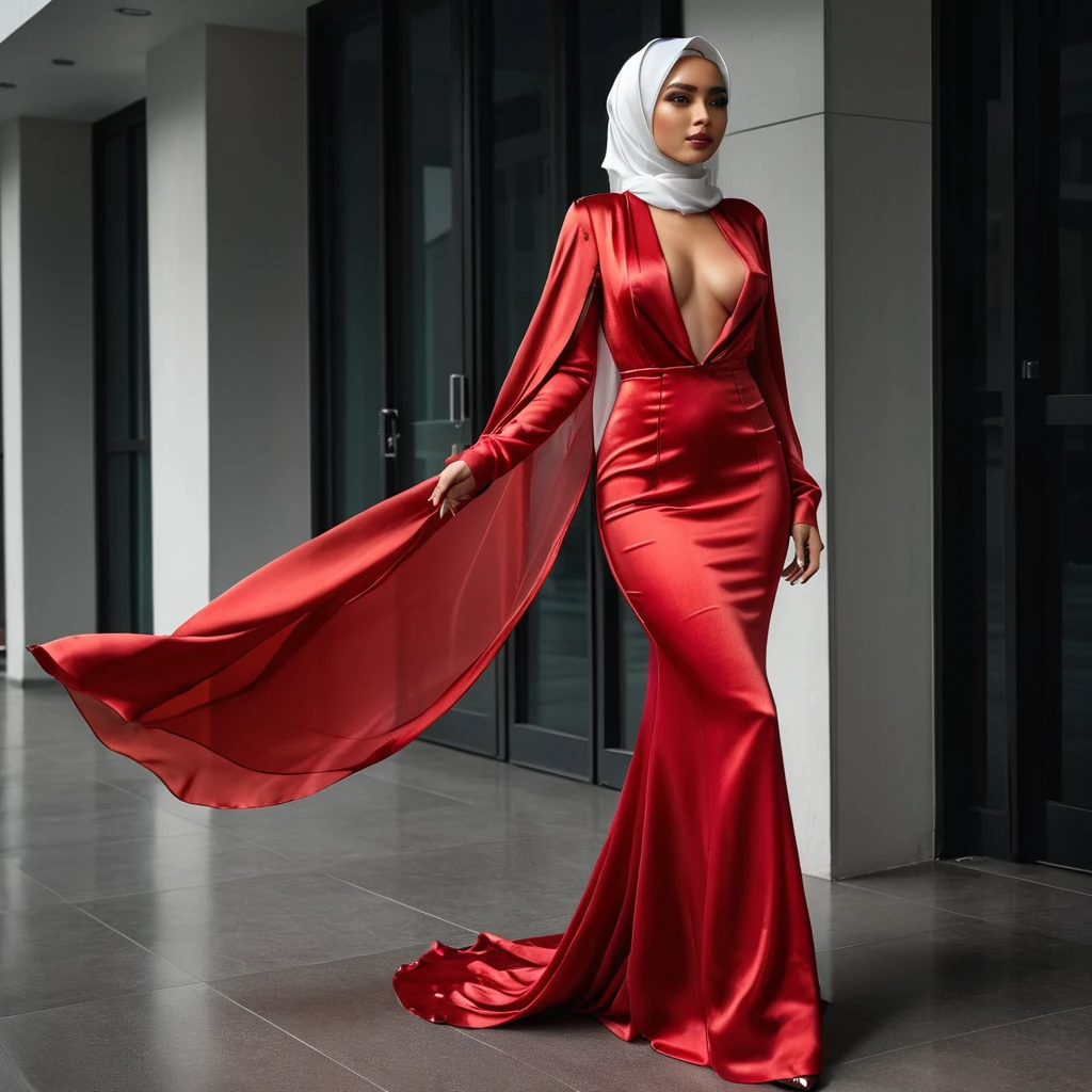 a woman in the translucent silk red gown, wear office blazer, satin sheet, nipple on with nipple piercing, wear modern hijab, full body, long satin, red satin mermaid tight long gown, flowy dramatic long gown, tall women, strugle to walk, wear high heels, masterpice