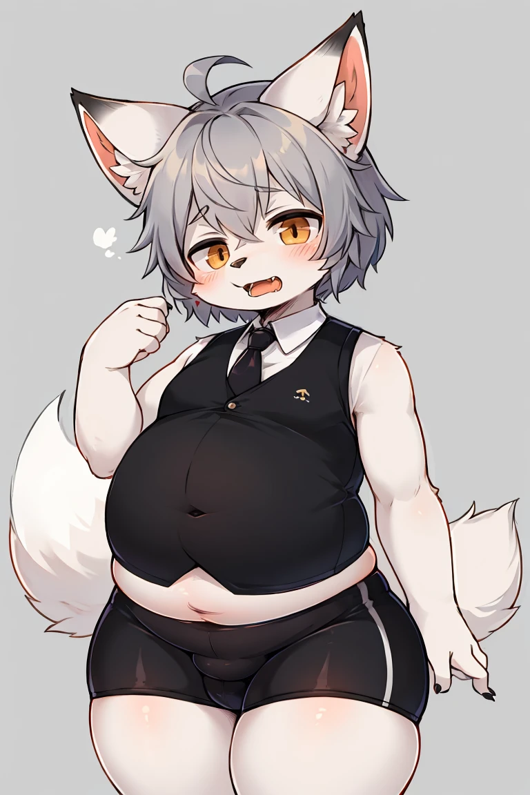 furry beast, White fur, gray hair,Belly-baring vest,tight shorts,Only one,White Fox Fat Shota,Fox ears with black tips,Foxtail tip black,Fat thighs, best quality