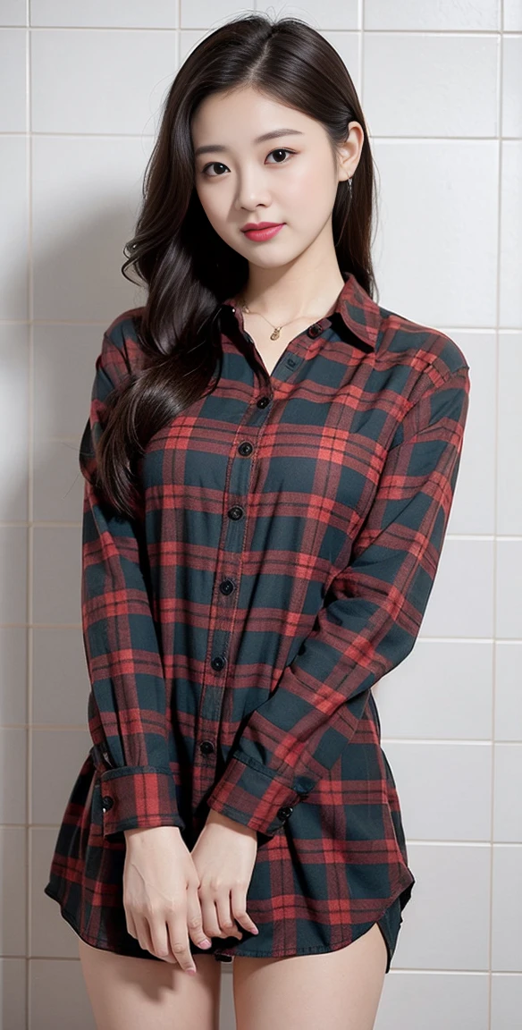 Highest quality, 1 beautiful woman, 28 years old, s, 35mm lens, F/1, Cowboy shot, Specific Background、Tiled background、Perm、dress,sweat　plaid shirt、Money