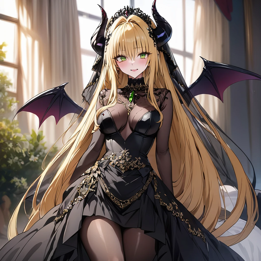 The woman is a dark-skinned devil, an evil dark devil、((Highest quality)), ((masterpiece)), (detailed), (Perfect Face)、((An evil, jet-black demon with jet-black skin.))、The woman was a beautiful, jet-black archdemon with jet-black skin, the evil queen of the demon world, Devil Queen Tiare, with green eyes, blonde medium-long hair, a gorgeous black wedding dress with gold embroidery and trim, a black wedding veil, an engagement ring, and luxurious accessories, and was a beautiful, elegant archdemon, the Demon Queen, lavishly decorated and jeweled.、A beautiful, jet-black-skinned demon with magnificent devil horns, devil wings, and a devil tail.