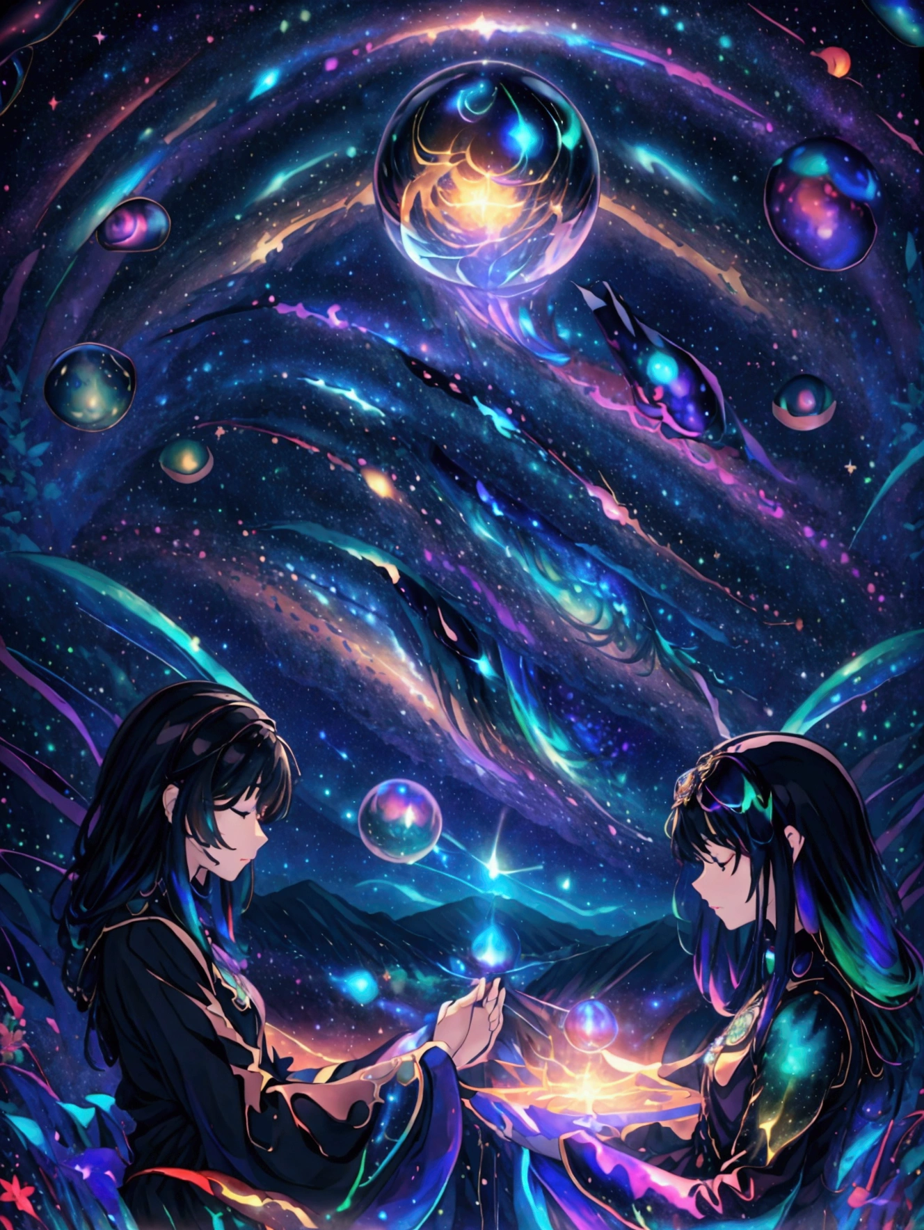 The world we see、Iridescent幻想的なNight Sky、constellation, Iridescentconstellation、Iridescent空包み込まれそうな瞬間，Astronomical Observation、Planetarium、meteor、colorful，美しいconstellation、3D，wonderful景色，Night Sky，An atmosphere full of dreams and hope，masterpiece．16K, Ultra-high resolution, to be born,wonderful ,future、Iridescent、The world 30 years from now。