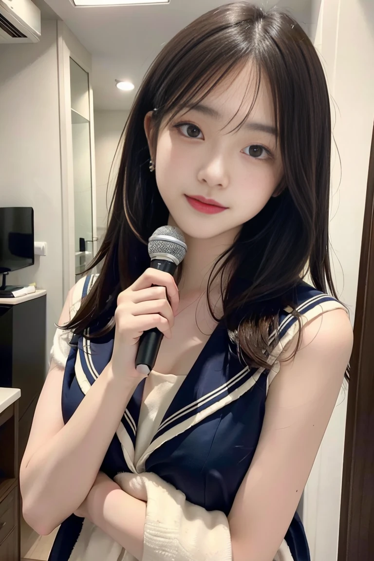 (masterpiece,best quality:1.4),absurdres:1.3,((8k)),((high resolution:1.5)),(raw photo,photo realistic:1.2),(shiny skin),extremely detailed skin,detailed face,detailed eyes,Detailed hand,Detailed Hair,Detailed Background,,1girl,upper body,Japanese idol,Elaborate design,extremely beautiful face,brown hair,Hair ornament, fair-skinned ,random hairstyle,(detailed sailor uniform,,Lace Panties),Indoor, karaoke box, holding microphone, pretty girl singing,,nsfw,大きく足を開く,座る,胸をズーム