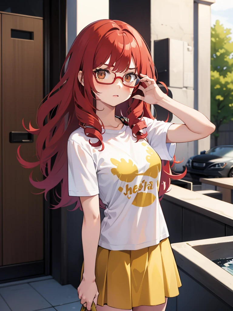 1 girl, Red hair, medium length hair, curly hair, freckles, mad face, circle glasses, yellow glasses, brown eyes, body shape, short skirt, cropped t-shirt