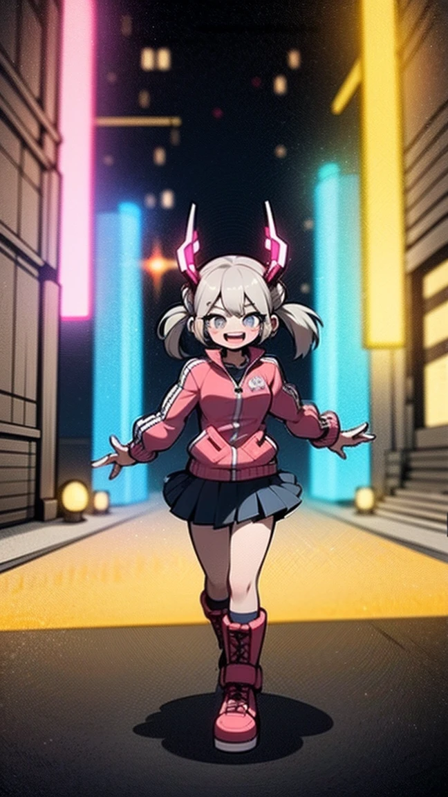 8K,Ultra Detail,ultra-quality,ultra precision,ultimate masterpiece,No extra arms,No extra legs,No extra fingers,No extra hands,Stylish Girl with neon afterglow in fighting,bomber jacket(street),short skirt,long boots(street),twintail(silver base color & pink mesh color),located Cyber punk city,view front,Dynamic fighting pose,motive for street_fighter from CAPCOM game,splashed black_ink_line,your perfect ultimate AI artist!!,
