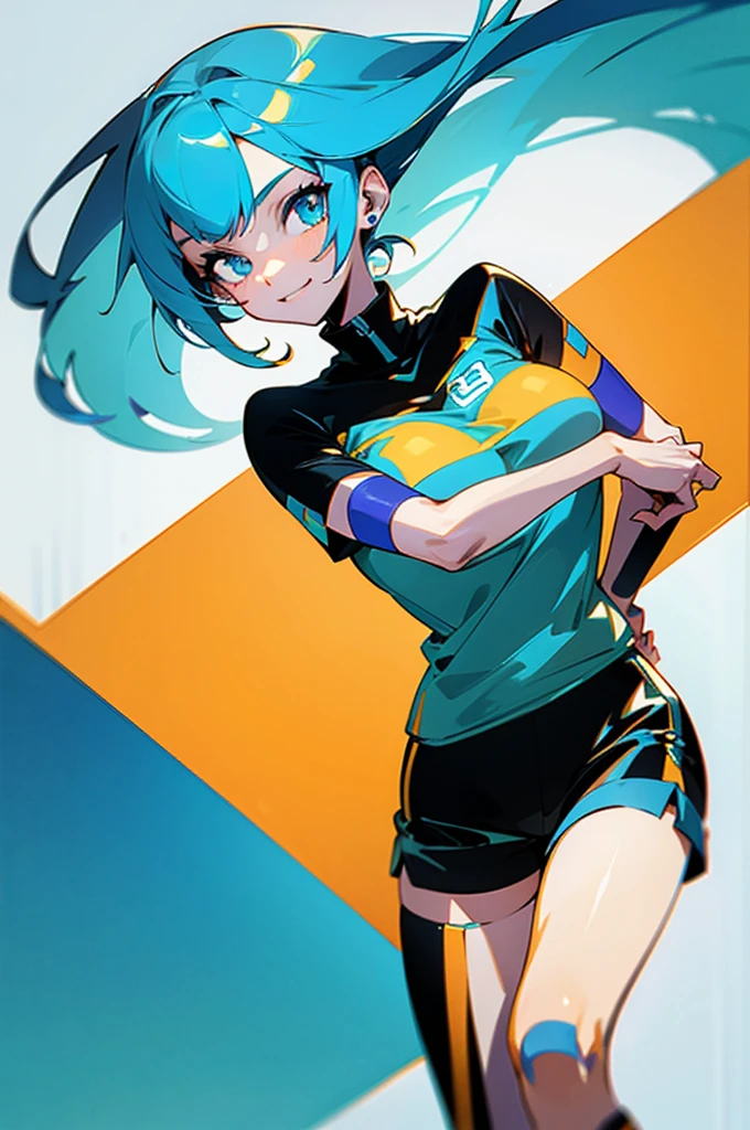 18 year old beautiful girl, short cyan hair, big cyan eyes, large breasts, and slender, 8K, top quality, (very detailed head: 1.0), (very detailed face: 1.0), (very detailed hair: 1.0), orange t shirt, black shorts, cyan air jordan shoes, orange socks, very detailed official artwork, anime moe art style, clean detailed anime art, smile, golden hair, smooth long hair with white background