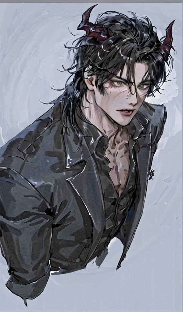 1 men,portraite, messy big hair, Bblack hair, green eyes, Beautiful Mouth, Caucasian skin, vampire appearance, demon horns,grimdark