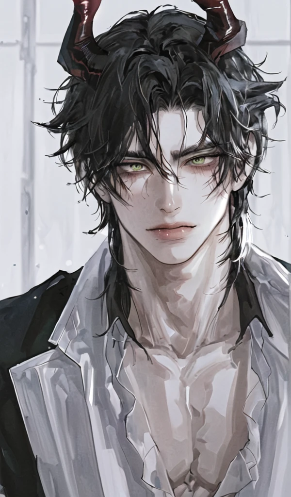 1 men,portraite, messy big hair, Bblack hair, green eyes, Beautiful Mouth, Caucasian skin, vampire appearance, demon horns,muscular,serious