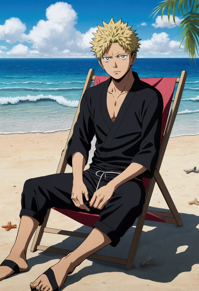 Gojo Satoru from jujutsu kaisen on the beach wearing black underwear sitting on a beach chair.