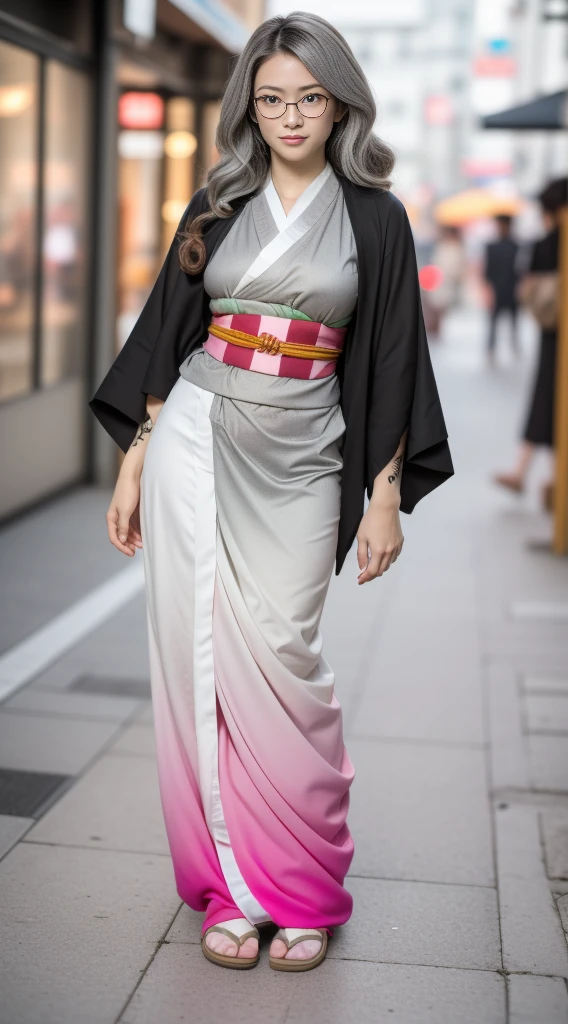 Cute Japanese woman, (), (very cute face), white moisturized skin, looking at the camera, (pink bright eyes: 1.4), (black framed glasses: 1.3)
BREAK,
(parkour), (very beautiful berserker woman: 1.3), (dynamic pose: 1.3),
BREAK,
(wearing a cute pink kimono: 1.3), (highly revealing kimono), very large earrings, short length, (has a black grass tattoo on her body: 1.3),
BREAK,
(very long hair), (light grey hair: 1.4), (wavy hair), (gradient hair: 1.3), (red tips: 1.3),
BREAK,
(realistic: 1.3), masterpiece, perfect lighting, (ultra high resolution), (8K), (highly detailed: 1.4), (from the front), (full body: 1.4), (symmetrical: 1.2), (one shot),
BREAK,
(large cities in Japan: 1.2),