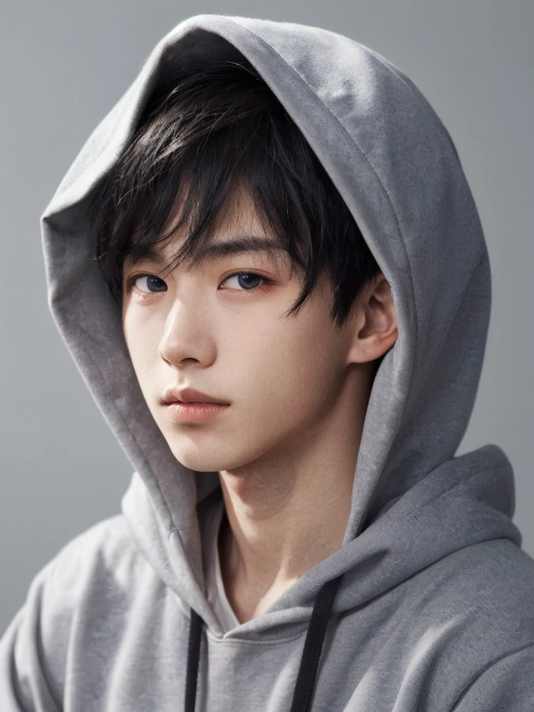 Masterpiece, high quality, close-up, one boy, black hair, black eyes, grey hoodie