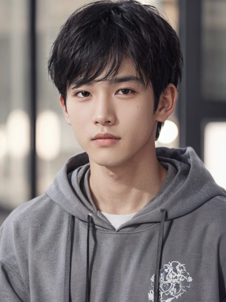 Masterpiece, high quality, close-up, one boy, black hair, black eyes, grey hoodie