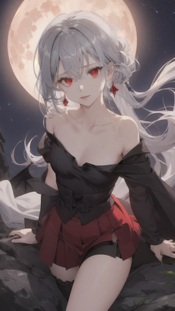 (Highest quality,Very detailed,High resolution:1.2),One Girl,Gray Hair,The most beautiful girl in human history,暗い red eyes (暗いred eyes:1.1),さみし気な aura(aura:1.1),(mysterious,Ghostly:1.1) atmosphere,Looks like half a demon,(Demonic traits,Demonic traits),(Elaborate,wonderful) Earrings,D cup breasts,Small Ass,Elongated beautiful legs、Cape、Black Stockings,girdle,mini skirt,Red camisole,A big full moon shines in the dark night sky,Dirty body