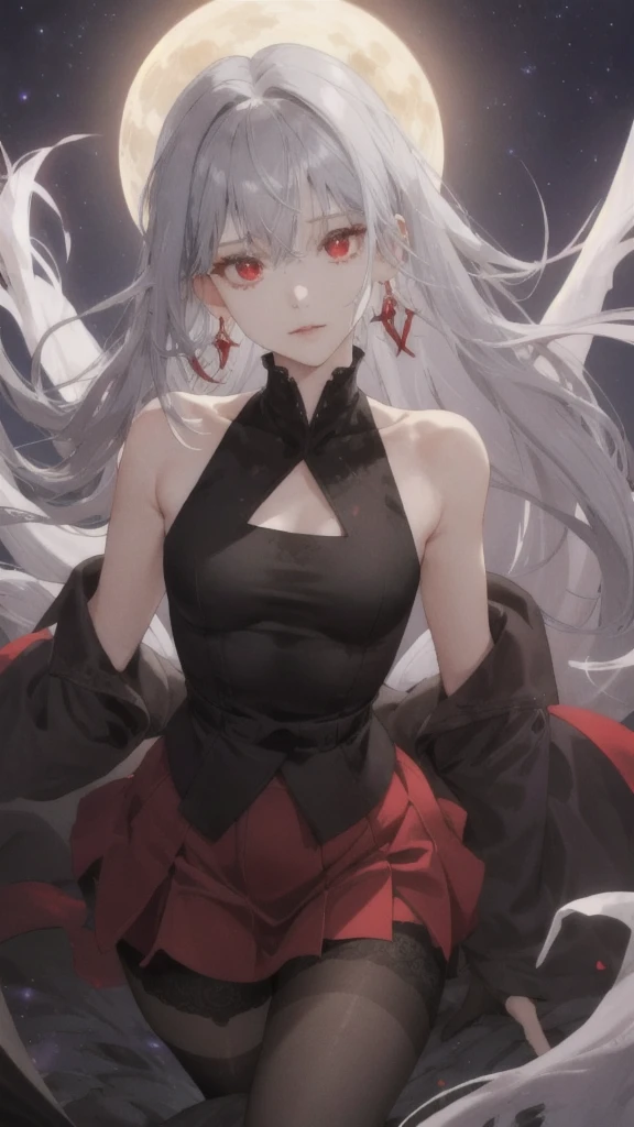 (Highest quality,Very detailed,High resolution:1.2),One Girl,Gray Hair,The most beautiful girl in human history,暗い red eyes (暗いred eyes:1.1),さみし気な aura(aura:1.1),(mysterious,Ghostly:1.1) atmosphere,Looks like half a demon,(Demonic traits,Demonic traits),(Elaborate,wonderful) Earrings,D cup breasts,Small Ass,Elongated beautiful legs、Cape、Black Stockings,girdle,mini skirt,Red camisole,A big full moon shines in the dark night sky,Dirty body