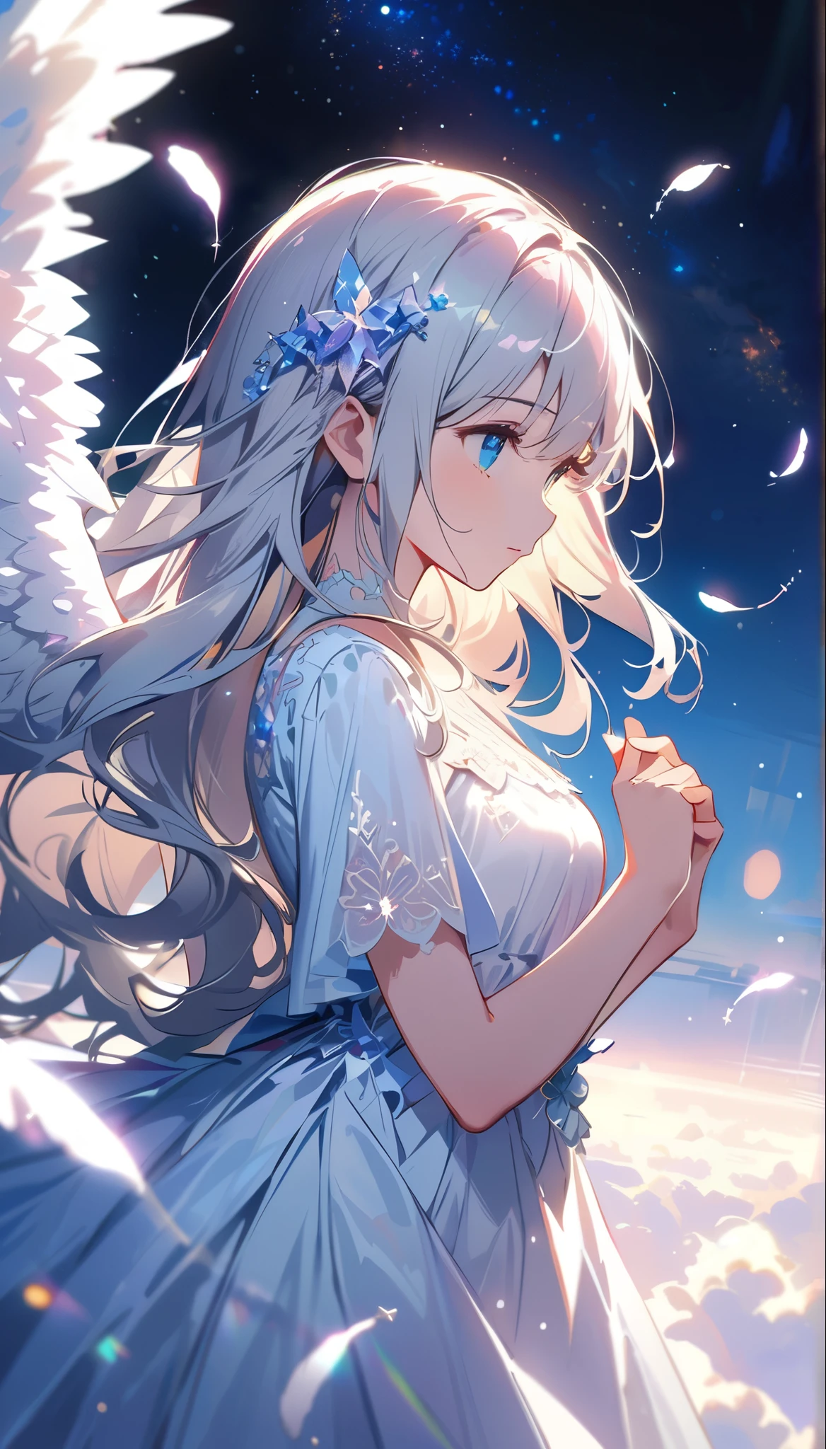 (best quality:1.2),(hands finger 5 digits:1.3),(extremely delicate and beautiful:1.3),(detailed ultra detailed:1.2),(scenery clear details:1.2),(scenery crystal clear :1.2),(solo),(blue eyes),(long white long hair),(white dress),(angel wings),(floating white feathers,starry sky),(clusters of stars,starry sky),(glinting stars),(solo),(long silver long hair),(best quality:1.2),(hands finger 5 digits:1.3),(extremely delicate and beautiful:1.3),(detailed ultra detailed:1.2),(scenery clear details:1.2),