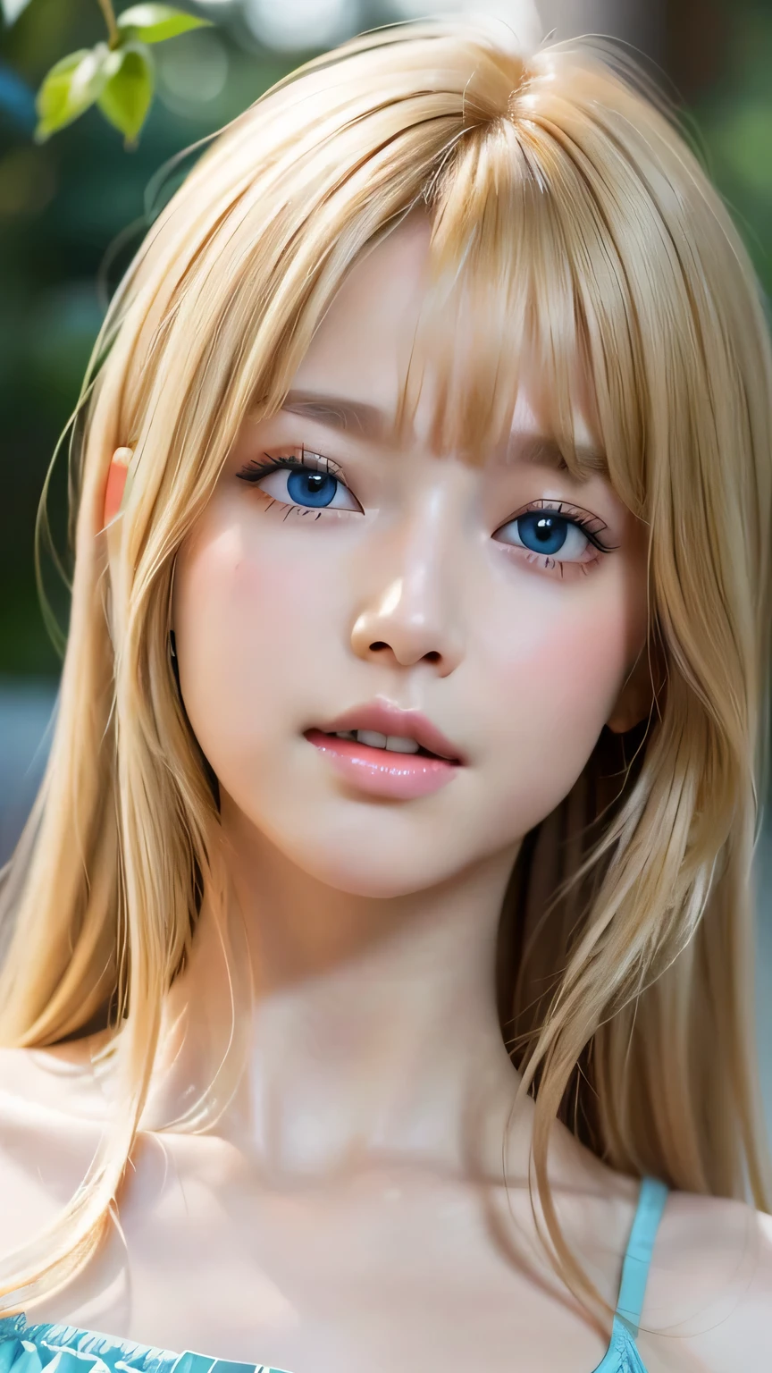 (Close-up:1.4)、(RAW shooting:1.2)、(Photorealistic:1.4)、(masterpiece:1.3)、(Highest quality:1.4)、Bright expression、Very cute beautiful blonde girl、Extraordinary blonde beauty、Cute and beautiful face details、Beautiful blonde bangs、Radiant, fair, glowing skin、Blonde hair on face、Blonde bangs that reach down to the face、Blonde bangs between the eyes、Super long blonde hair、Beautiful platinum blonde, super long, straight, silky hair、Thin blonde hair、Big, bright, light blue eyes that shine beautifully、one piece、eyeliner、double eyelid、Ample Bust、Upper Body、