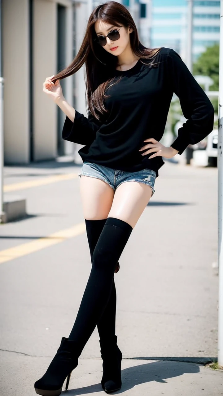 Japanese woman, beautiful face, long hair,Black sunglasses,Black Shirt , Micro Shorts, tall, beautiful legs, bare legs, stiletto heels, model pose cross legs、Black knee-high stockings, knee-high socks, absolute territory