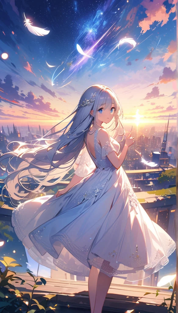 (best quality:1.2),(hands finger 5 digits:1.3),(extremely delicate and beautiful:1.3),(detailed ultra detailed:1.2),(scenery clear details:1.2),(scenery crystal clear :1.2),(solo),(blue eyes),(long white long hair),(white dress),(angel wings),(floating white feathers,starry sky),(clusters of stars,starry sky),(glinting stars),(solo),(long silver long hair),(best quality:1.2),(hands finger 5 digits:1.3),(extremely delicate and beautiful:1.3),(detailed ultra detailed:1.2),(scenery clear details:1.2),