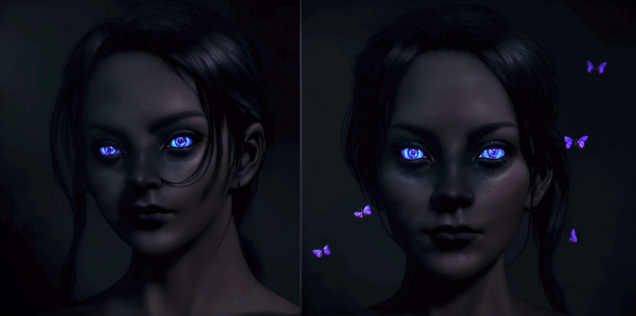 (Frontal focus), (in dark:1.6), Hyper-realistic photo realistic portrait, dynamic lighting, art station, posters, volumetric lighting,  very detailed, 4K, awardwinning, pink and blue butterflies