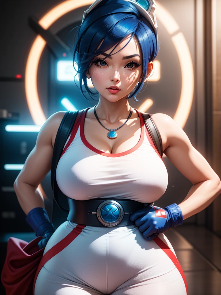 30 year old woman, alone, alone, athletic, semi-short blue hair, blouse with anime frog face, white flared pants, wears blue exercise gloves, large round headscarves on her head, WEARS a RED COLOR scarf on her neck, huge belt with a round evilla, sensual gaze looking at the viewer, cinematic, ultra sharp focus, award winning photography, perfect contrast, high sharpness, depth of field, ultra detailed photography, global illumination, fluid, ultra high definition, 8k, Unreal Engine 5, ultra focus crisp, award-winning photography, art season trends,