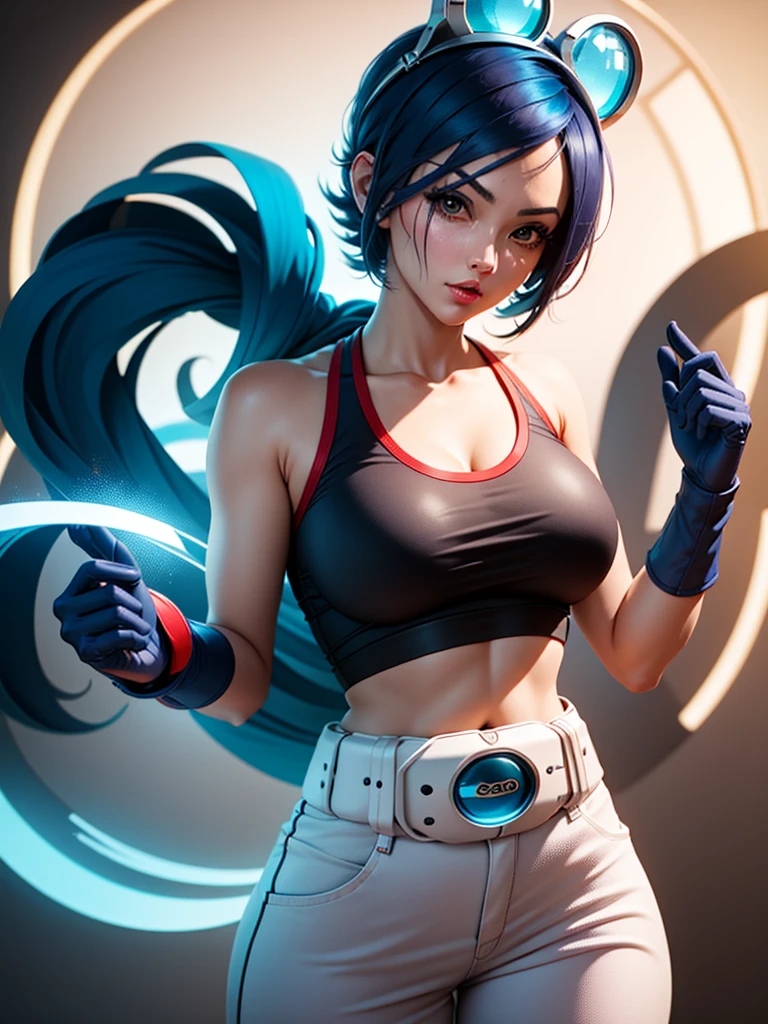 30 year old woman, alone, alone, athletic, semi-short blue hair, blouse with anime frog face, white flared pants, wears blue exercise gloves, large round headscarves on her head, WEARS a RED COLOR scarf on her neck, huge belt with a round evilla, sensual gaze looking at the viewer, cinematic, ultra sharp focus, award winning photography, perfect contrast, high sharpness, depth of field, ultra detailed photography, global illumination, fluid, ultra high definition, 8k, Unreal Engine 5, ultra focus crisp, award-winning photography, art season trends,