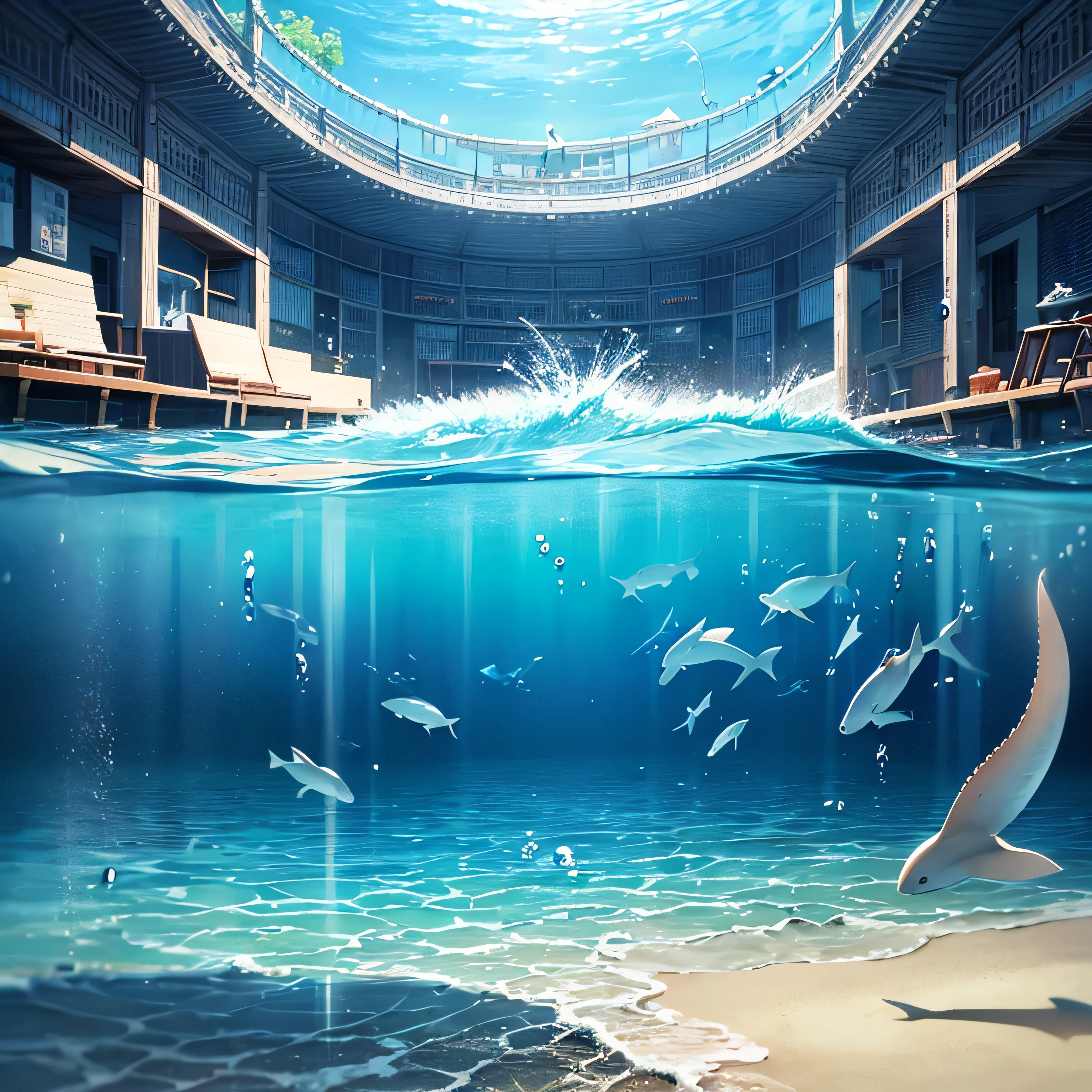 afloat, air bubble, aqua theme, aquarium, asphyxiation, beach, blue theme, boat, bubble, caustics, closed eyes, diving mask, dock, dolphin, earth \(planet\), fish, glowing, horizon, island, lake, light rays, no humans, ocean, partially underwater shot, pier, planet, pool, poolside, realistic, ripples, sand, shark, ship, shore, soaking feet, solo, submerged, sunlight, swimming, underwater, wading, water, watercraft, waves, whale