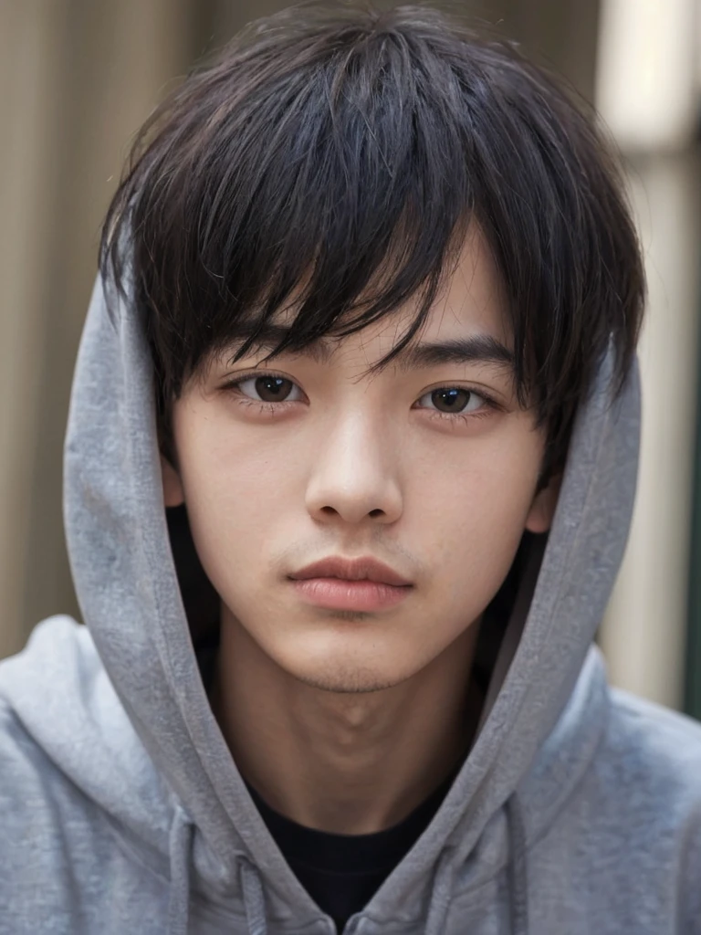 Masterpiece, high quality, close-up, one boy, black hair, black eyes, grey hoodie