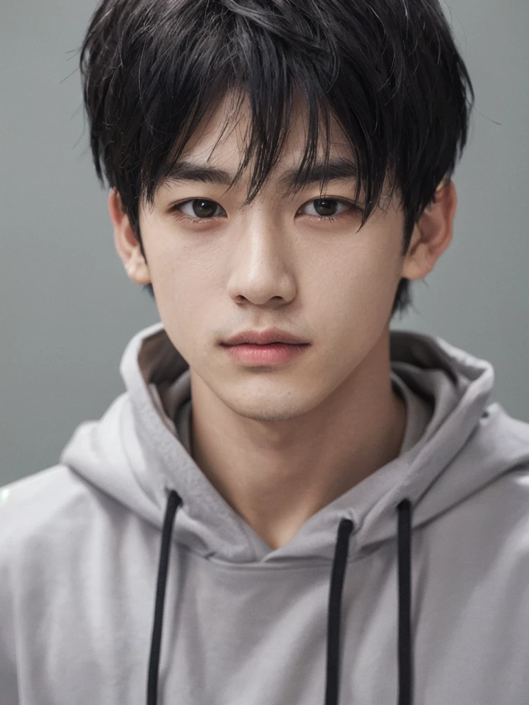 Masterpiece, high quality, close-up, one boy, black hair, black eyes, grey hoodie
