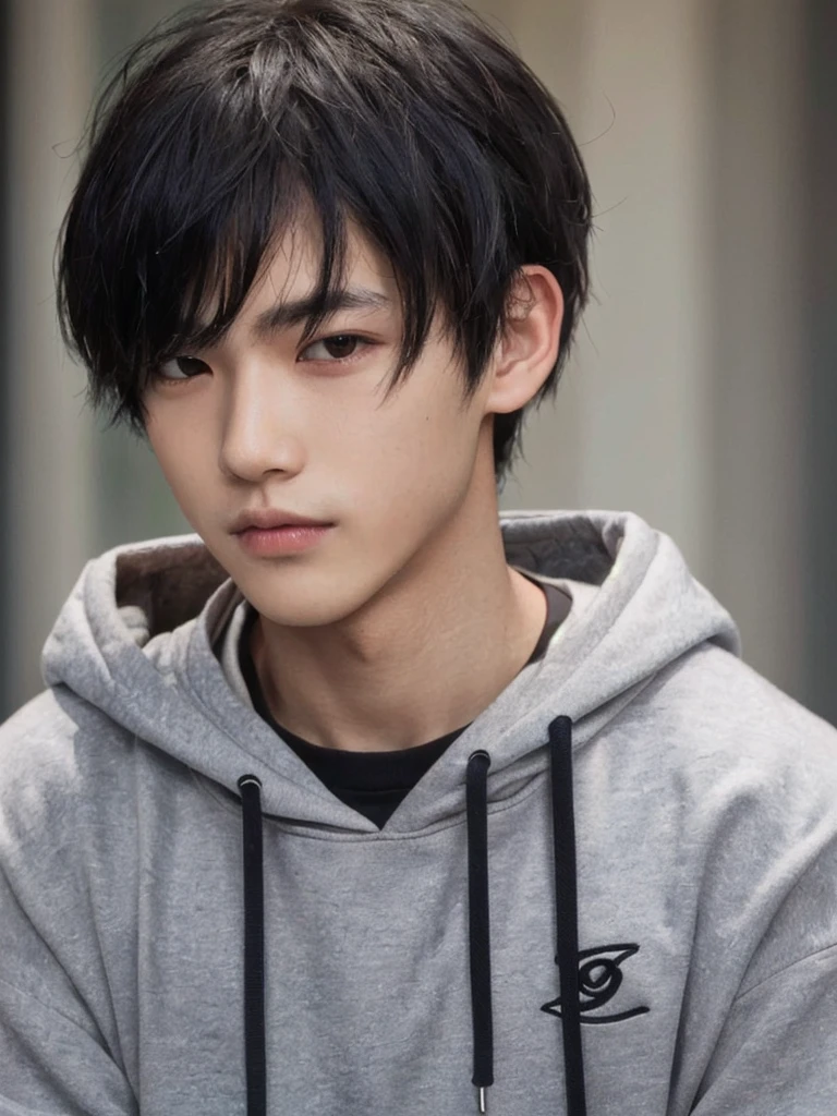 Masterpiece, high quality, close-up, one boy, black hair, black eyes, grey hoodie
