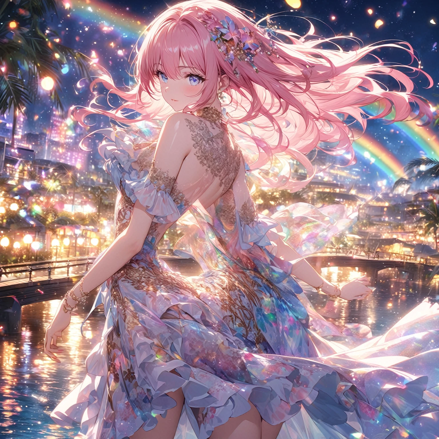 ``A beautiful woman，With long pink hair and beautiful eyes，Wear an elegant and sophisticated Hawaiian dress.The dress must have intricate designs and patterns，To give people a sense of luxury.in the background , The image should depict a romantic Hawaiian beach at night，Lights reflected on the water，The lights are still on on the bridge, Emphasizes glitter effects and rainbows throughout the image. Enhance your appearance，And add special ruffles to your clotheake it stand out.”