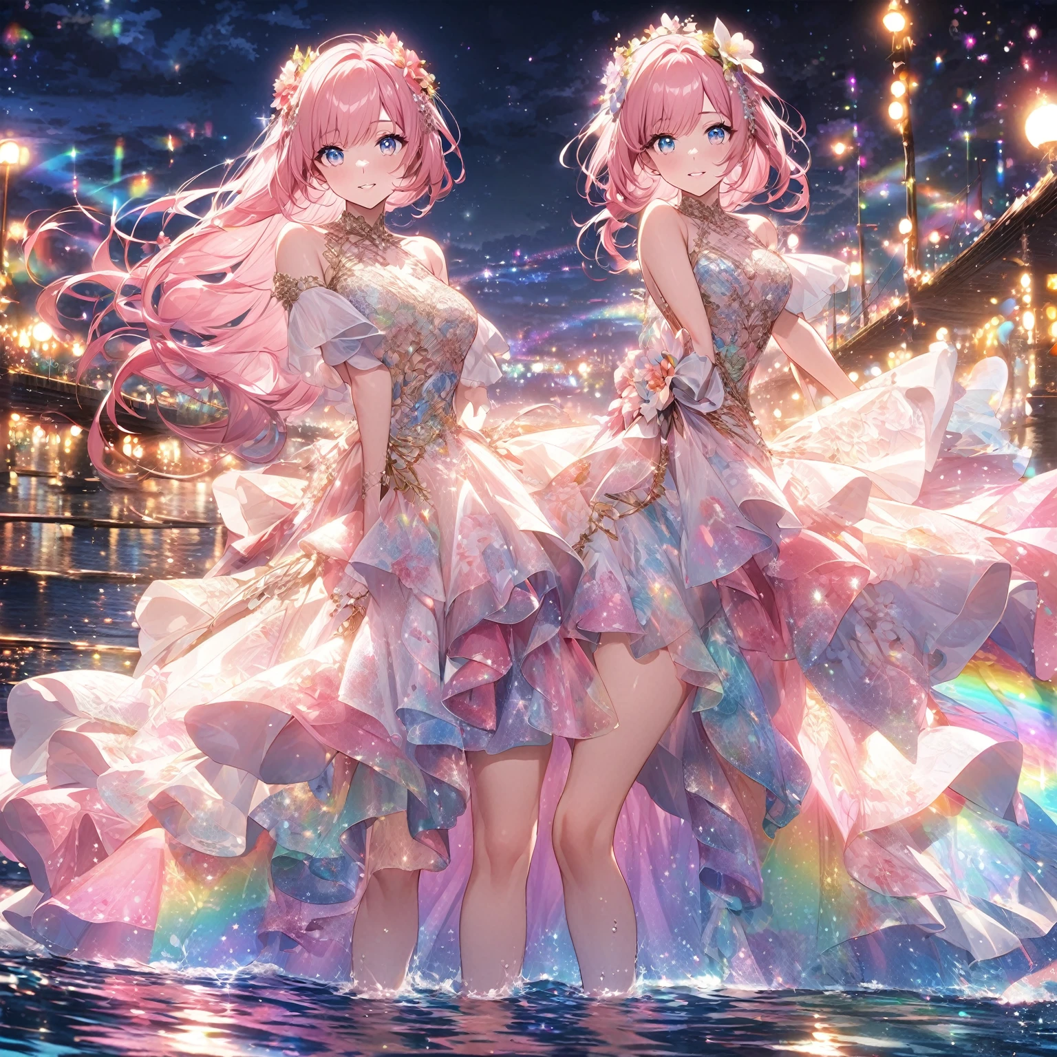 ``A beautiful woman，With long pink hair and beautiful eyes，Wear an elegant and sophisticated Hawaiian dress.The dress must have intricate designs and patterns，To give people a sense of luxury.in the background , The image should depict a romantic Hawaiian beach at night，Lights reflected on the water，The lights are still on on the bridge, Emphasizes glitter effects and rainbows throughout the image. Enhance your appearance，And add special ruffles to your clotheake it stand out.”