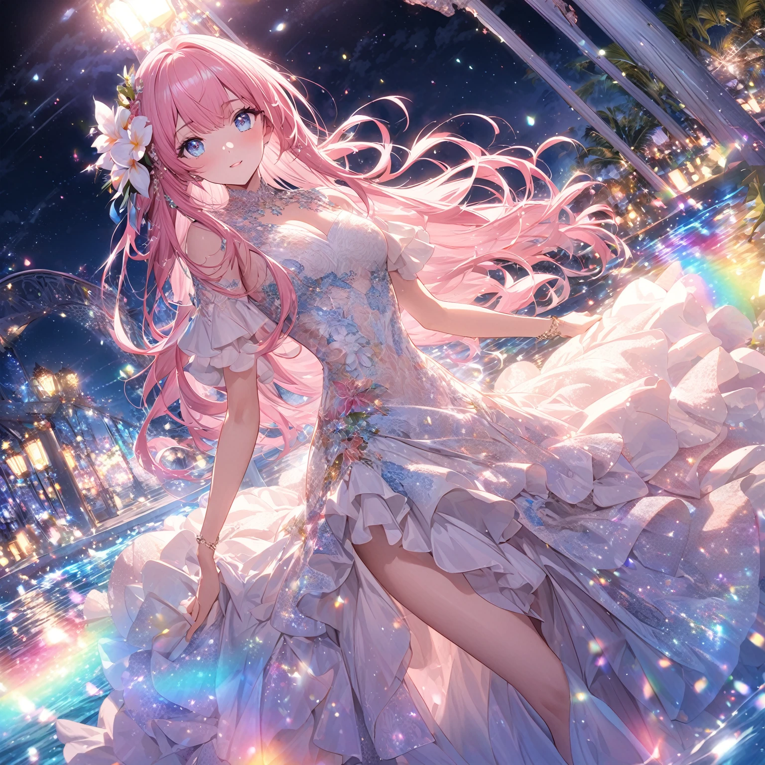 ``A beautiful woman,With long pink hair and beautiful eyes,Wear an elegant and sophisticated Hawaiian dress.The dress must have intricate designs and patterns,To give people a sense of luxury.in the background , The image should depict a romantic Hawaiian beach at night,Lights reflected on the water,The lights are still on on the bridge, Emphasizes glitter effects and rainbows throughout the image. Enhance your appearance,And add special ruffles to your clotheake it stand out.”