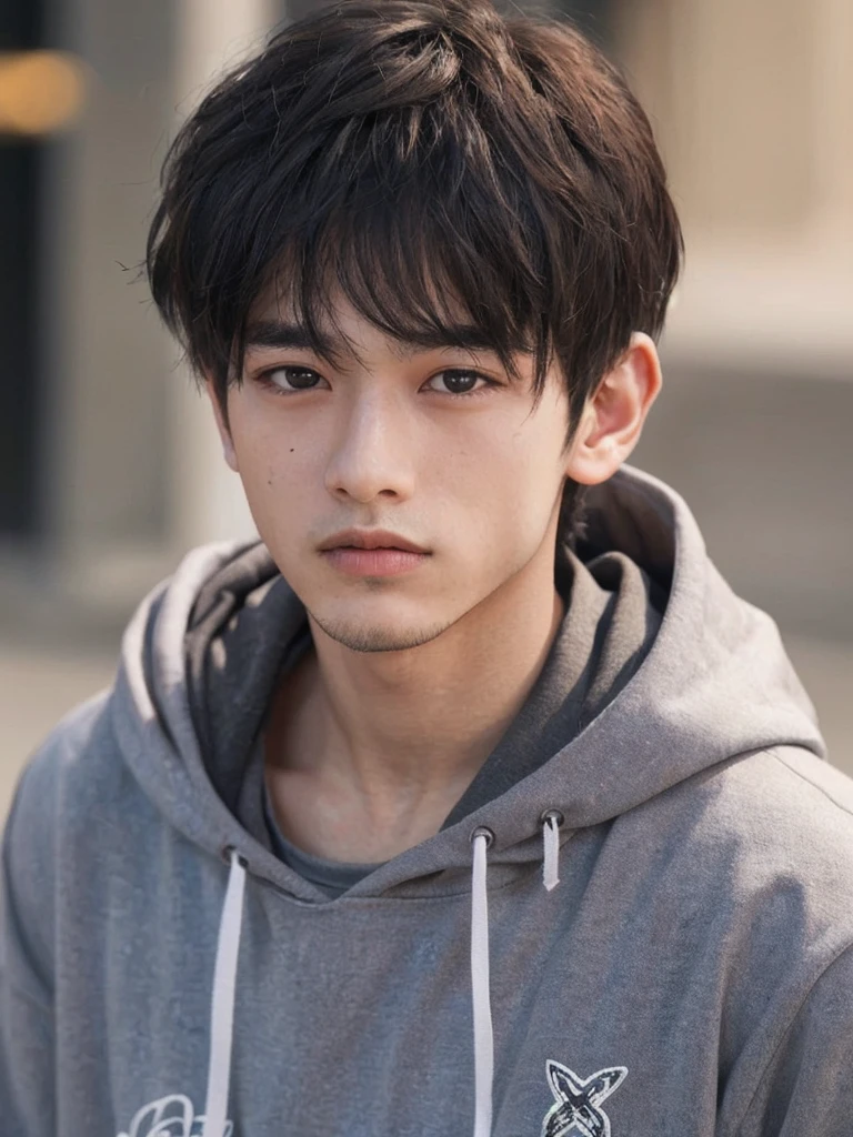 Masterpiece, high quality, close-up, one boy, black hair, black eyes, grey hoodie