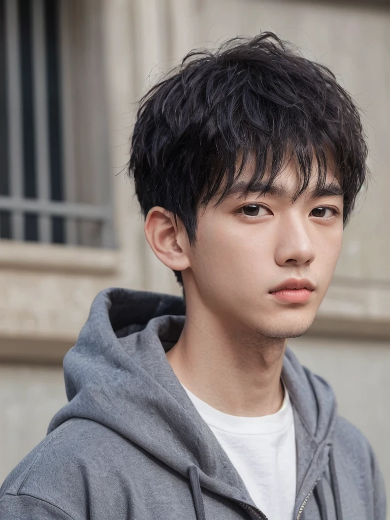 Masterpiece, high quality, close-up, one boy, black hair, black eyes, grey hoodie