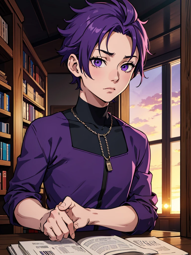 score_9, score_8_up, score_7_up, score_6_up, score_5_up, score_4_up, source_anime, 1boy, boy, lavender hair, purple eyes, , cute, short hair, disheveled, upper body, library, sunset, solo, (cool-kyou shinja), masterpiece, highres,