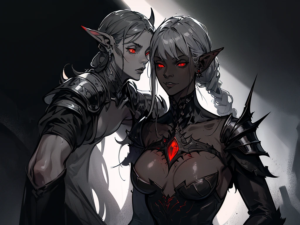 1girl, horror, dark elf princess, elden ring, (dark grey skin:1.5), true white long ponytail, ((perfect red eyes)), elf ears, earrings, detailed blood, highly detailed mechanical horns, (small breasts), ((black gothic prom dress)), wearing black fur cloak, bone armor, skull armor, volumetric lighting, ethereal fog, dark background, ultrasharp, best quality, masterpiece, realistic, anatomically correct, (strong cinematic lighting), ((rim lighting)), stunning details, intricate details, 8k post-production, high resolution, super details, sharp focus, depth of field f/1.8, studio photos, (((looking at camera)))