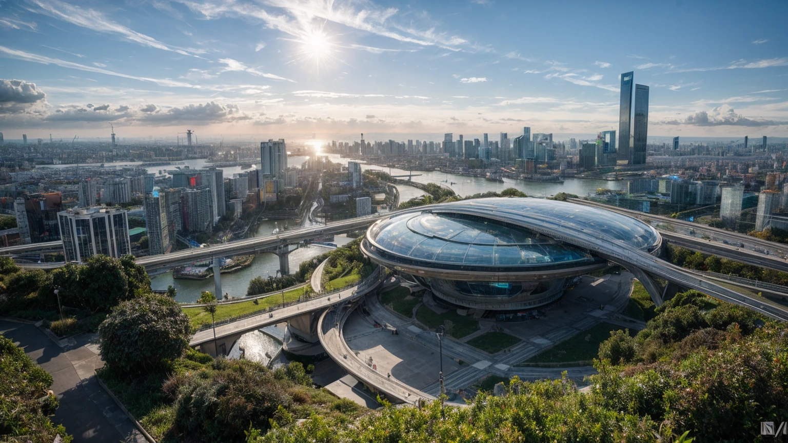 (Best quality,4K,8K,A high resolution,Masterpiece:1.2),Ultra-detailed,(Realistic,Photorealistic,photo-realistic:1.37),Futuristic floating city,Futuristic technology,Huge urban high-tech tablet platform,Airship,Floating in the sky,Futuristic city,Small airships around,High-tech hemispherical platform,Colorful lights,Advanced architecture,modernn architecture,skyscrapper,Access the cloud,Scenic beauty,view over city,Impressive design,Blend seamlessly with nature,energetic and vibrant atmosphere,Futuristic transportation system,Parking is suspended,Transparent path,Lush greenery,Sky gardens,cascading waterfalls,Magnificent skyline,reflections on the water,Sparkling river,Architectural innovation,futuristic skyscrapers,Transparent dome,The shape of the building is unusual,Elevated walkway,Impressive skyline,Glowing lights,Futuristic technology,Minimalist design,Scenic spots,Panoramic view,Cloud Piercing Tower,Vibrant colors,epic sunrise,epic sunset,Dazzling light display,magical ambiance,The future city,Urban Utopia,LuxuryLifestyle,Innovative energy,sustainable development,Smart city technology,Advanced infrastructure,Tranquil atmosphere,Nature and technology live in harmony,Awesome cityscape,Unprecedented urban planning,Architecture connects seamlessly with nature,High-tech metropolis,A cutting-edge engineering marvel,The future of urban living,Visionary architectural concept,Energy-efficient buildings,Harmony with the environment,A city floating above the clouds,Utopian dreams become reality,The possibilities are endless,State-of-the-art transportation network,Green energy integration,Innovative materials,Impressive holographic display,Advanced communication system,Breathtaking aerial view,Quiet and peaceful environment,Modernist aesthetics,Ethereal beauty