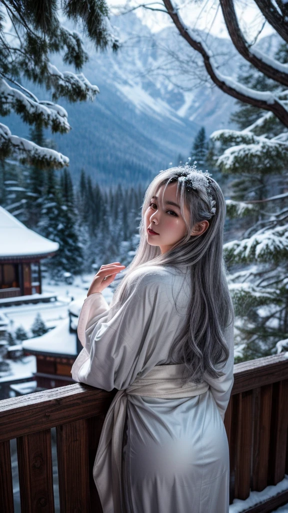 Snow Woman、Gray Hair、White kimono、long hair、Snow Mountain、Late Night、forest