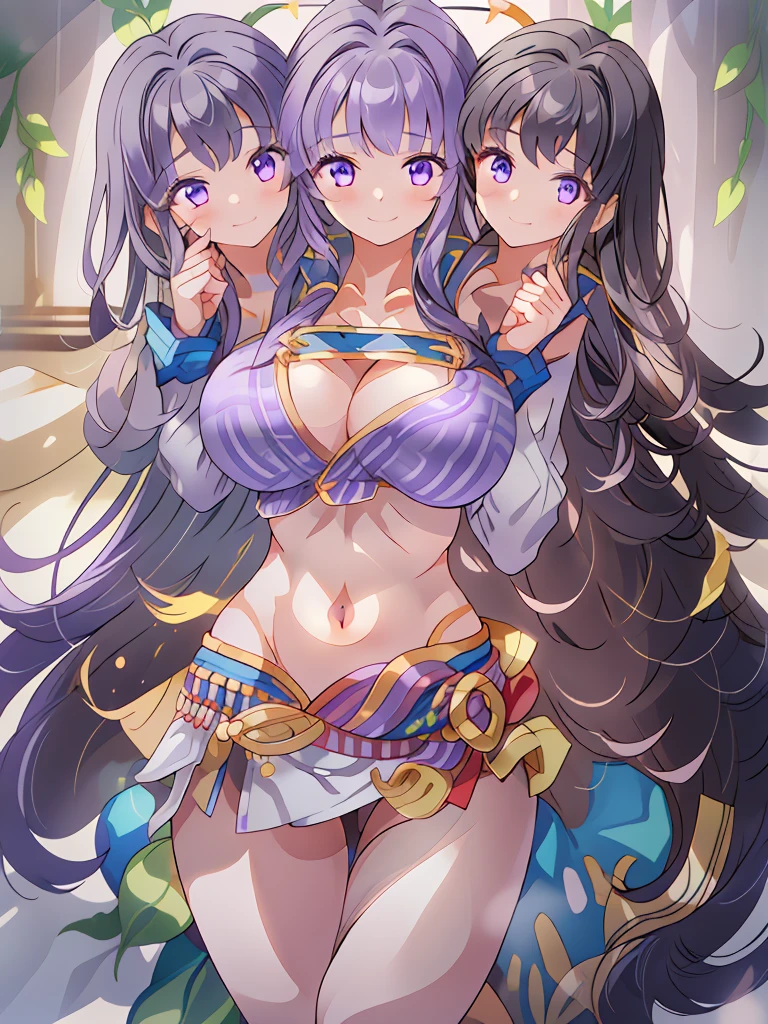 (masterpiece, best quality), best resolution, (3heads:1.5), 1girl, FEKarla, black hair, flowing hair, smiling, soft smile, open belly, light purple-white crop top, light purple miniskirt, open breasts, very huge tits, sexy pose, beautiful eyes, headband, blue eyes, alluring presence, beautiful eyes, detailed eyes, sleeveless,
