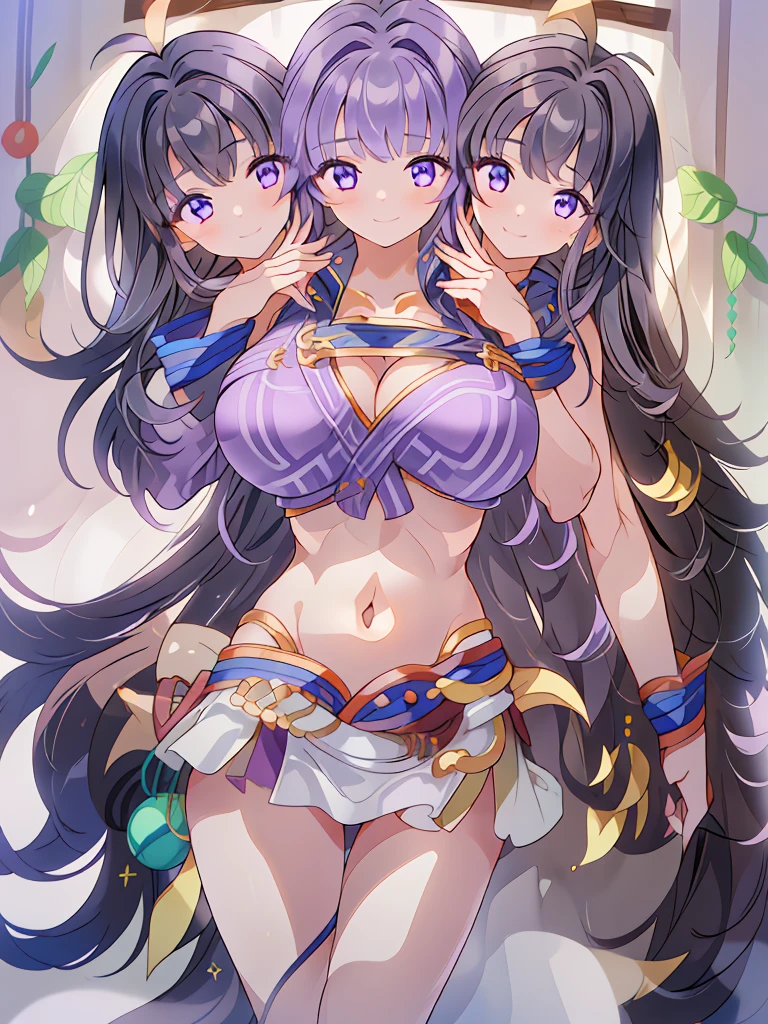 (masterpiece, best quality), best resolution, (3heads:1.5), 1girl, FEKarla, black hair, flowing hair, smiling, soft smile, open belly, light purple-white crop top, light purple miniskirt, open ???????, very huge ????, ???? pose, beautiful eyes, headband, blue eyes, alluring presence, beautiful eyes, detailed eyes, sleeveless,
