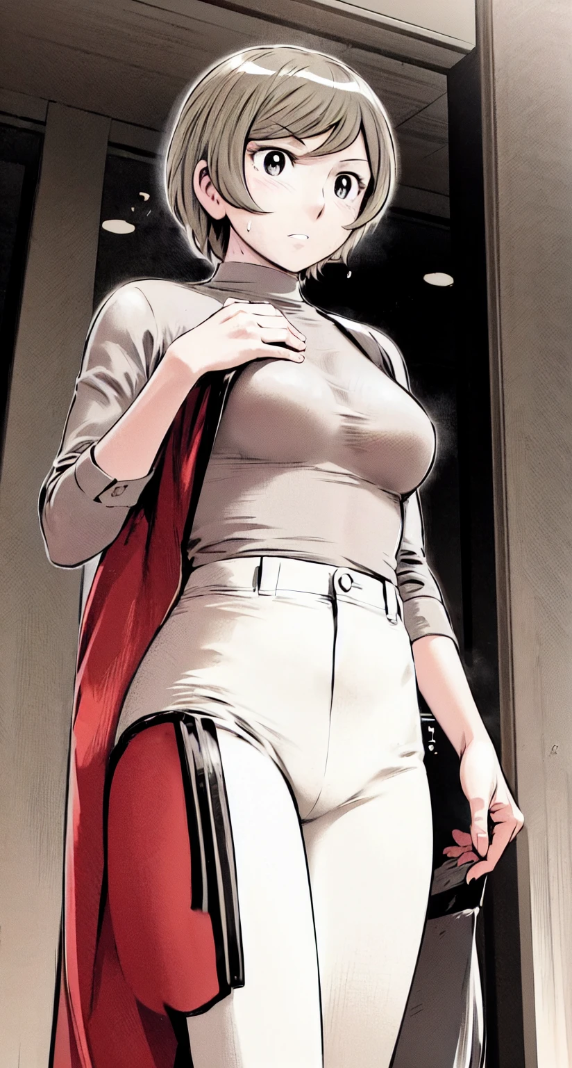 、(masterpiece、Highest quality)、Highest quality, Ultra-high resolution, (((masterpiece))), alone, Sweat、Big eyes,office、Tight white Y-shirt、tight black suit pants、indoor、Composition from the front、(後ろCut your hair short、short hair、blonde、woman)、Shortcuts、Embarrassed face、Cut your hair short、可愛いwomanの子、Big Breasts