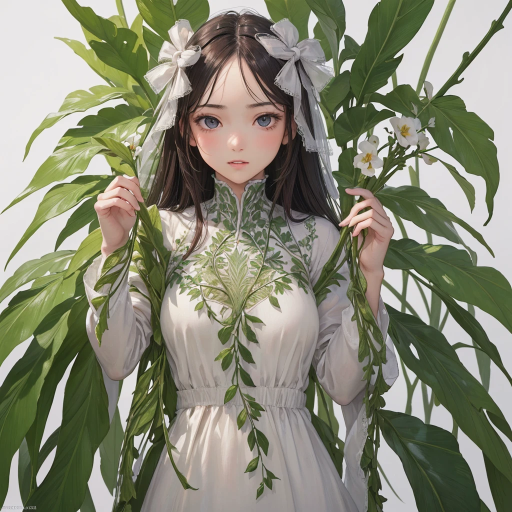 ((RAW Photos)), ((masterpiece)), (A young woman who personifies plants,Holding a bow:1.1), Full Body,Intricate details, View your viewers, Complex game character depiction, beautiful, Fine eyes and lips,(Detailed depiction of the hands:1.2),Small breasts,White background,Fantasy,Perfect Face, 1 girl