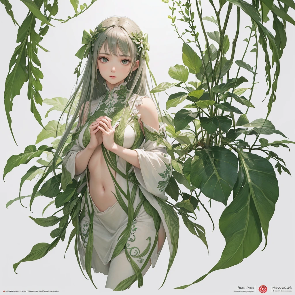 ((RAW Photos)), ((masterpiece)), (A young woman who personifies plants,Holding a bow:1.1), Full Body,Intricate details, View your viewers, Complex game character depiction, beautiful, Fine eyes and lips,(Detailed depiction of the hands:1.2),Small breasts,White background,Fantasy,Perfect Face, 1 girl